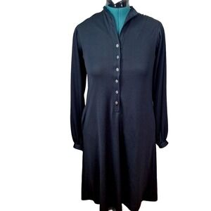 Vintage 70s Black Shift Dress Poly Knit Women Medium Retro Goth